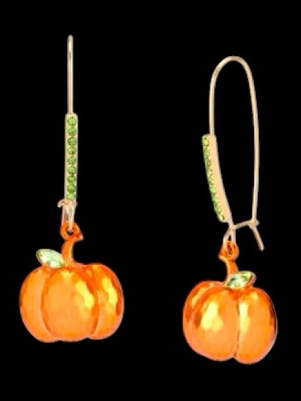 NWT•Betsey Johnson Metallic Orange Pumpkin Drop Earrings with Green Crystal